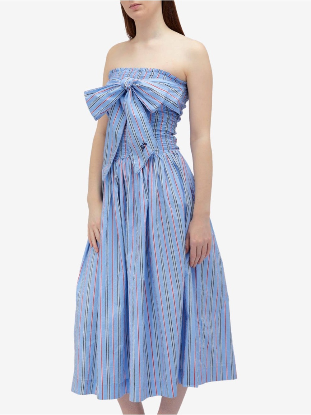 Mia Midi Dress in Cotton - Striped Strapless Bow Midi Dress in Blue